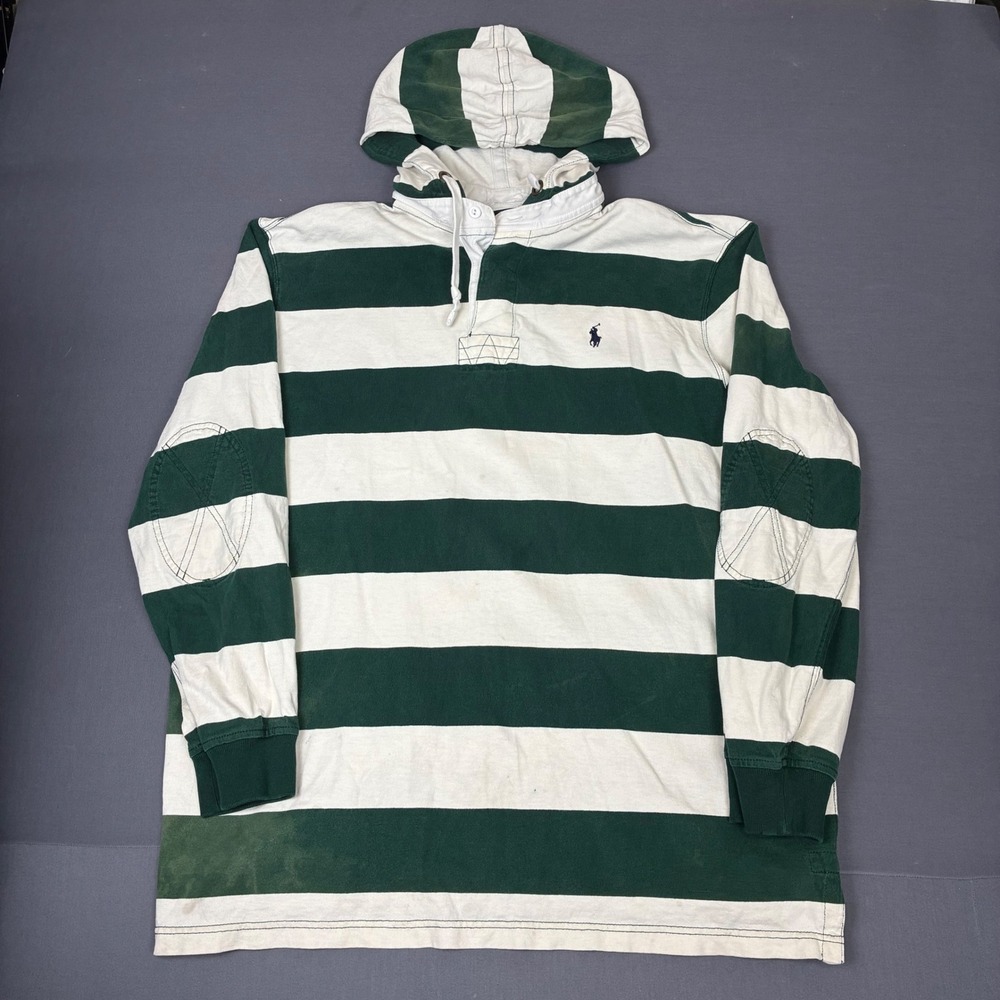 8. Polo Ralph Lauren Men's Long Sleeve Hooded Rugby Shirt Size XXL Green & White